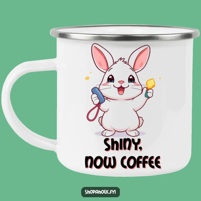 Funny Rabbit Camping Mug: Durable mug with excited bunny and accessory, great outdoors gift.
