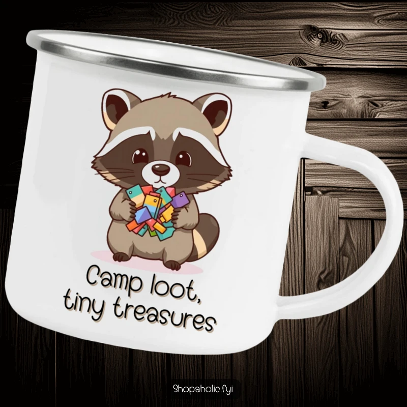 Funny, durable camping mug with a raccoon holding numerous tiny items, perfect for outdoor trips and collector humor.