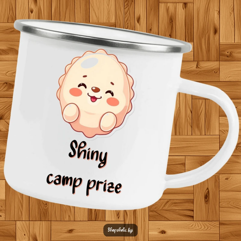 Funny seal camping mug, winking and smiling while presenting a purchase, durable for adventures, bringing humor, a gift.