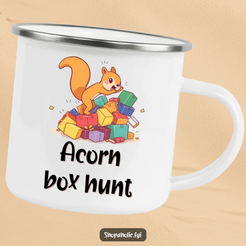 Funny squirrel camping mug with a hyperactive character chasing a tumbling pile of colorful boxes, perfect for outdoor use.