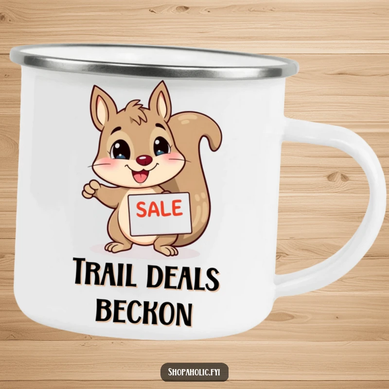 Funny squirrel camping mug, enthusiastically pointing at a sale sign, durable for adventures, bringing humor and joy, a gift.