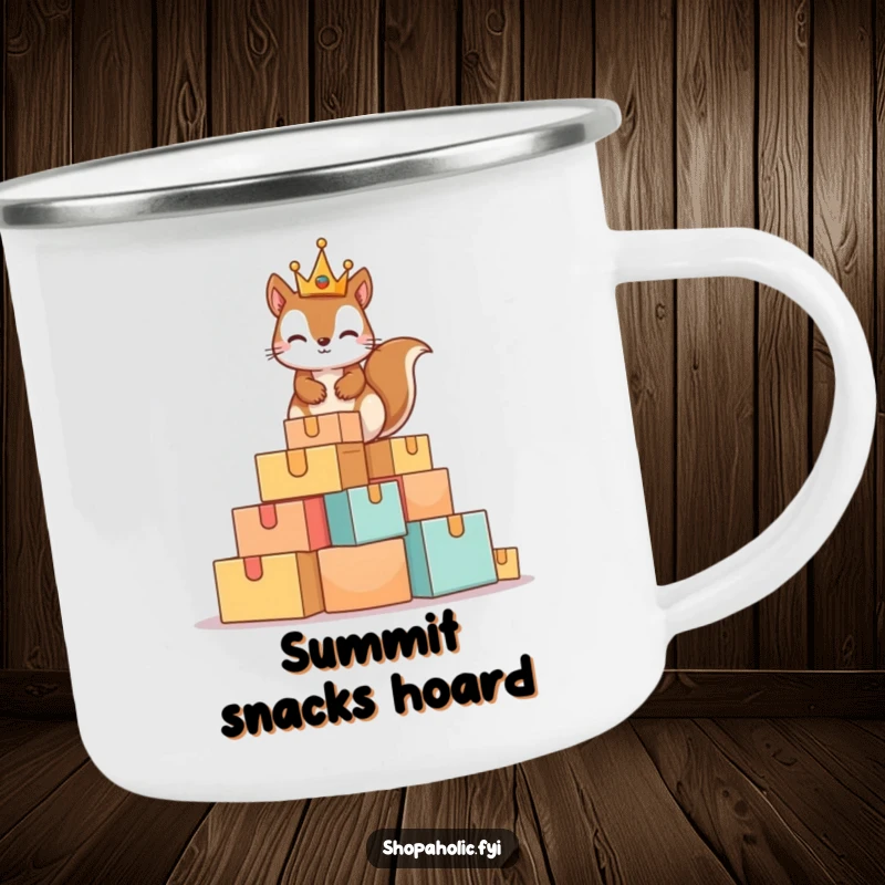 Funny Squirrel King Camping Mug with a mischievous squirrel wearing a tiny crown on a huge pile of boxes, perfect for rustic sipping.