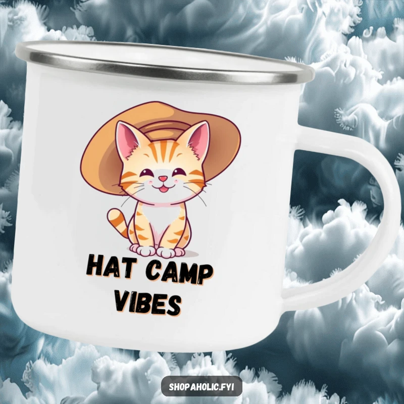Funny camping mug with a happy cat character wearing an oversized hat, ideal for outdoor trips and humorous beverages.