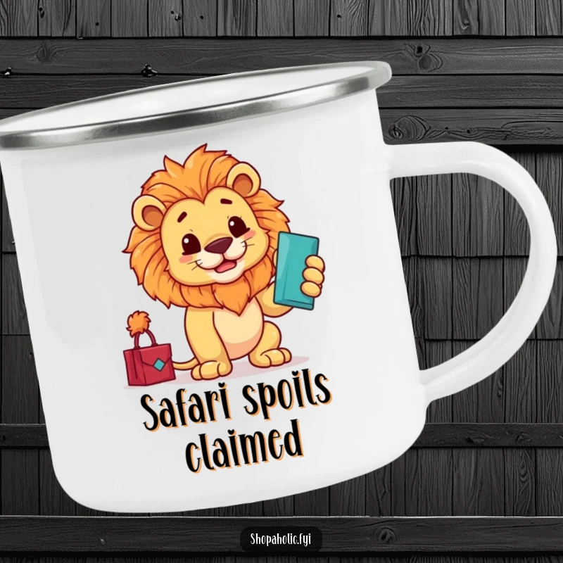 Funny camping mug with a majestic lion proudly admiring a new purchase with a flourish, embodying sophisticated outdoor enjoyment.
