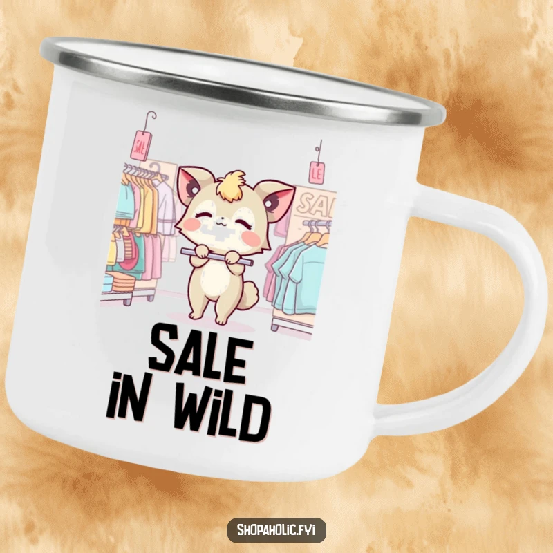Funny camping mug with a creature dramatically swooning over a sale rack, perfect for outdoor beverages.