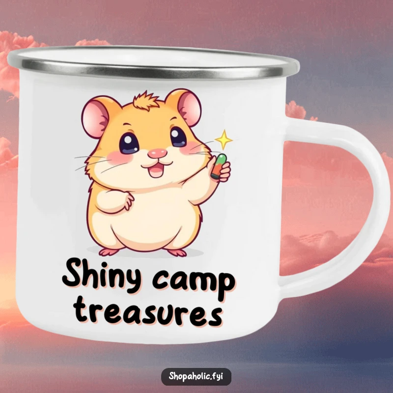 Funny camping mug with a playful hamster reaching for a shiny item, perfect for outdoor adventures and humorous sipping.