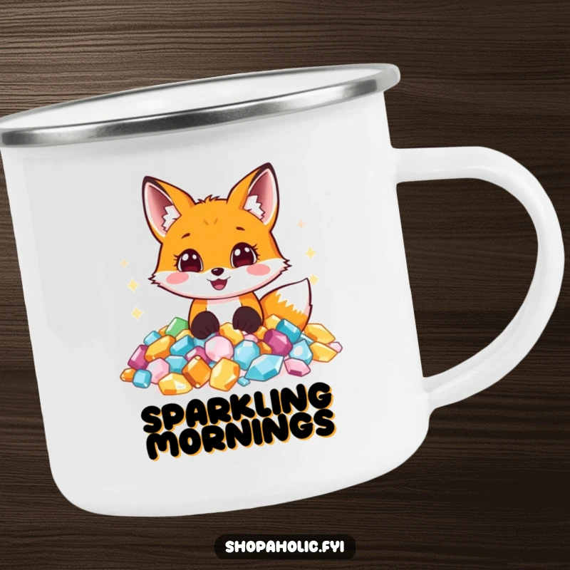 Funny camping mug featuring a joyful fox surrounded by sparkling jewels, ready for an outdoor adventure with a gleam in its eye.
