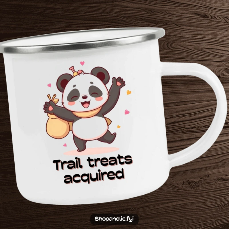 Funny camping mug with a giggling panda dancing ecstatically, holding a bag packed with goodies, perfect for outdoor enthusiasts.