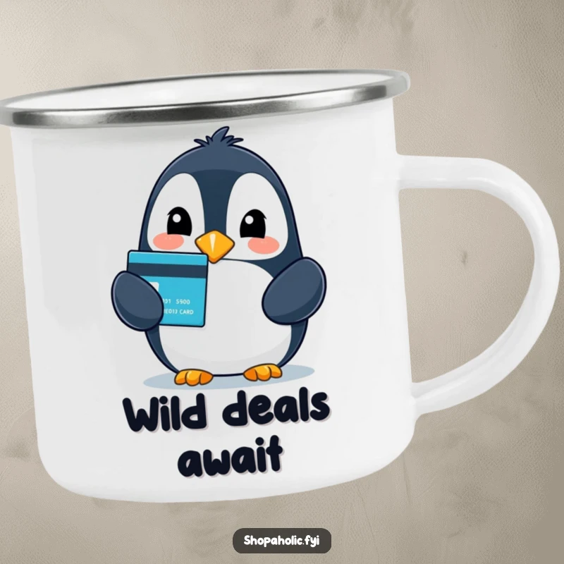 Funny camping mug with a beaming penguin holding a credit card, celebrating outdoor finds with pure delight.
