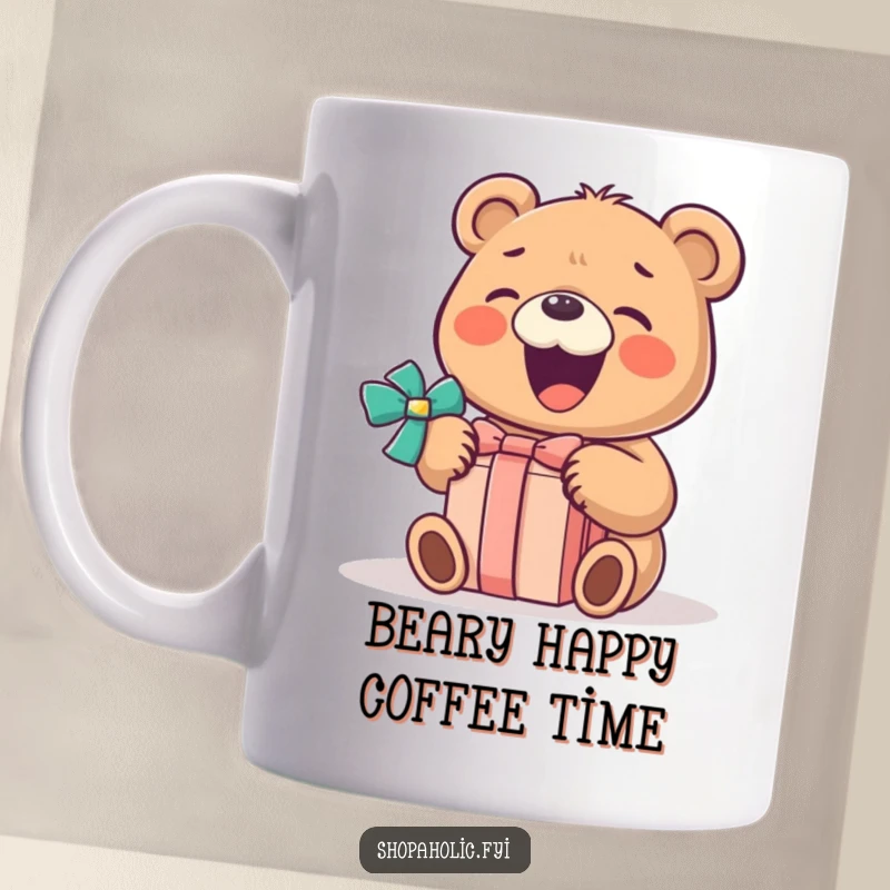 Funny Bear Mug: A little bear gleefully opens a wrapped gift, its face lit up with a huge, joyful smile.
