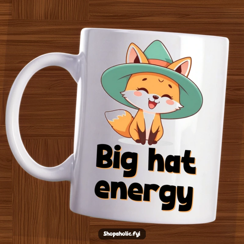 Funny mug featuring a happy fox playfully trying on a comically oversized beautiful hat. Fashionable and humorous.