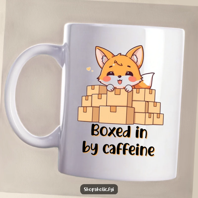 Funny Mug showing a delighted fox peeking mischievously from behind a huge stack of cardboard boxes.