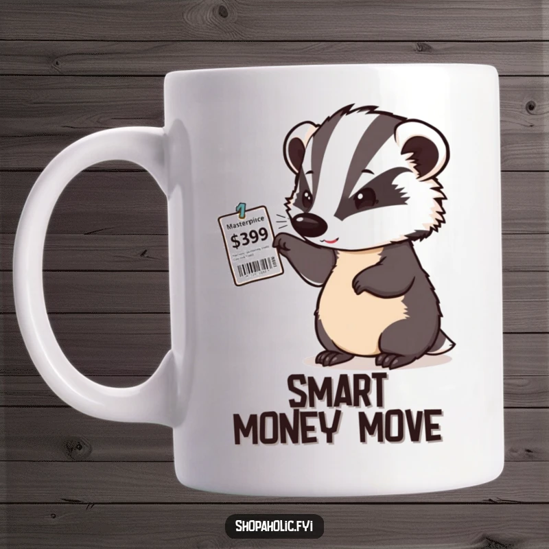 Funny mug showing a determined badger examining a price tag with a satisfied nod, representing smart shopping.