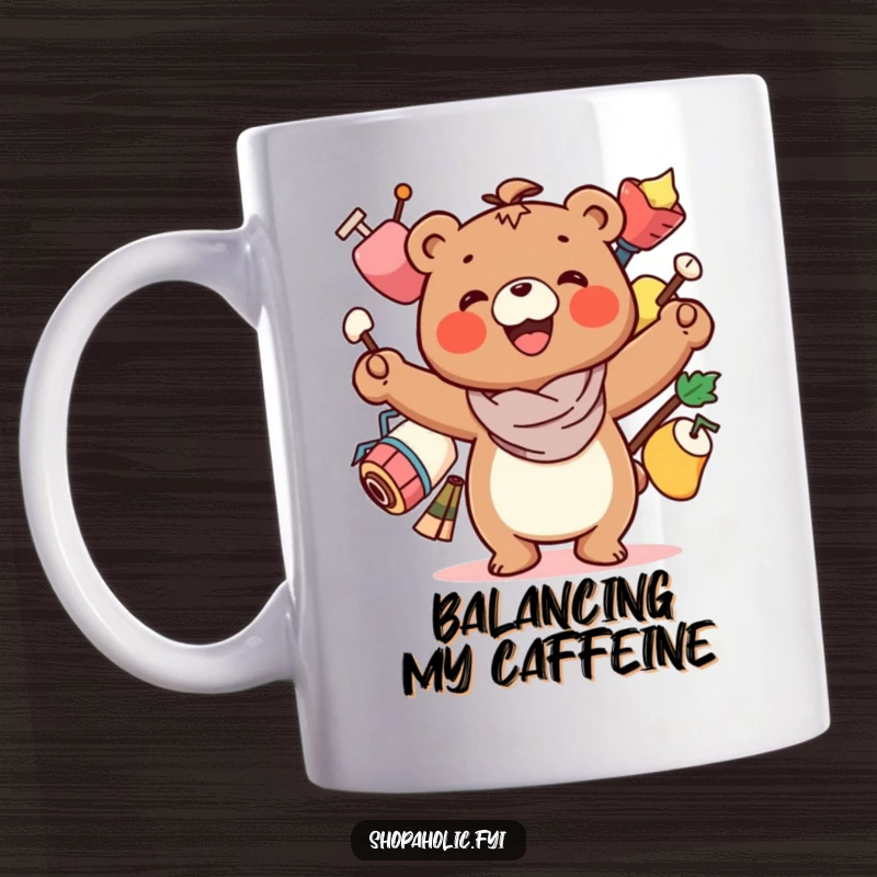 Funny Bear Mug: A smiling bear character precariously balancing several items, showcasing a humorous juggling act.