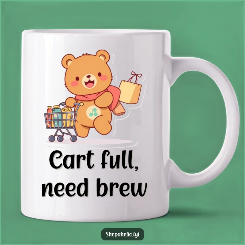 Funny Bear Mug: Joyful bear with loaded cart, a hilarious shopping spree gift.