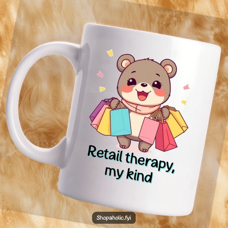 Funny Bear Mug: Enthusiastic bear with a wide joyful grin, holding many shopping bags, celebrating retail therapy.