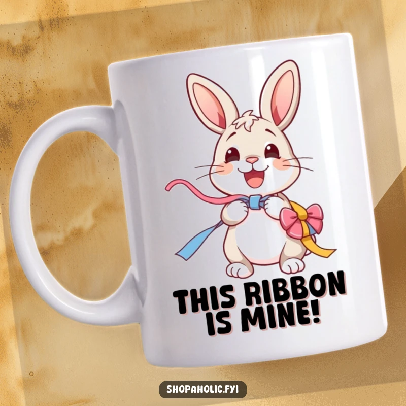 Funny Bunny Mug: A cheerful bunny is shown excitedly unwrapping a colorful ribbon, embodying pure delight and anticipation.