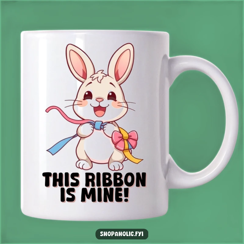 Funny Bunny Mug: Joyful Ribbon Unwrapping!, Perfect Enthusiastic Funny Gift
