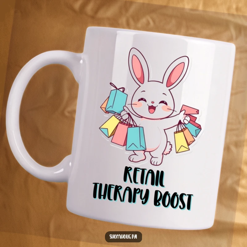 Funny Mug showing a cheerful bunny character happily holding numerous overflowing shopping bags, a shopaholic's dream.