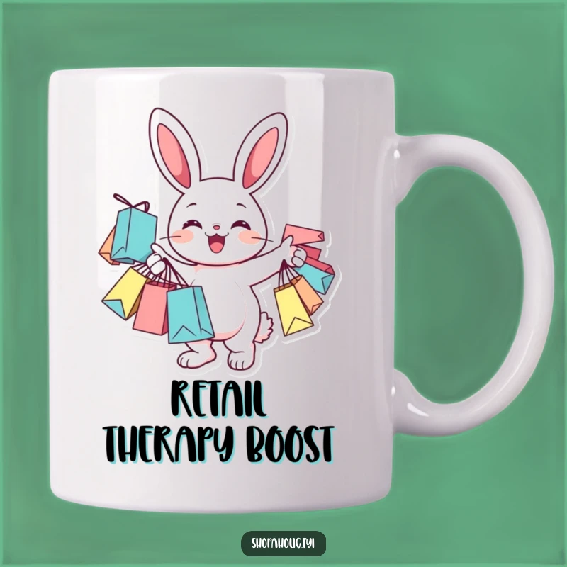 Funny Bunny Shopper Mug: Cheerful Character with Bags, Perfect Gift