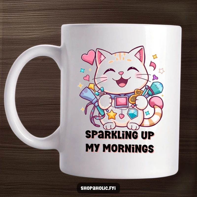 Funny cat mug with a cheerful cat grinning while holding a vast amount of sparkly accessories.