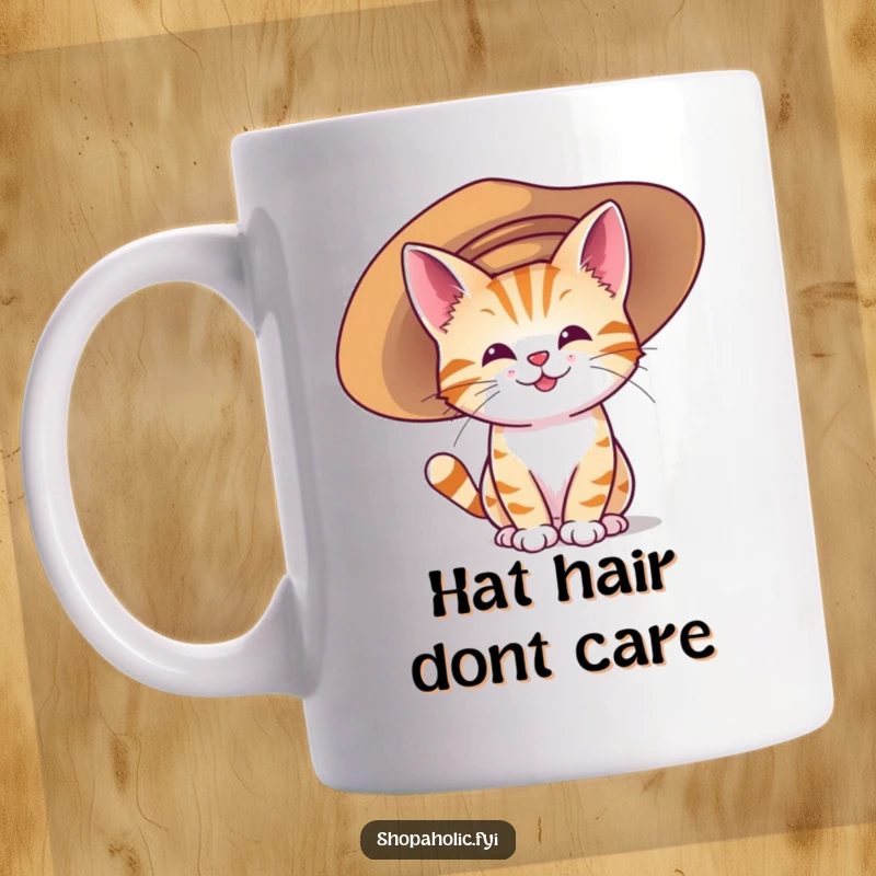 Funny mug showing a happy cat character with wide eyes trying on a comically large, oversized hat, looking slightly bewildered.