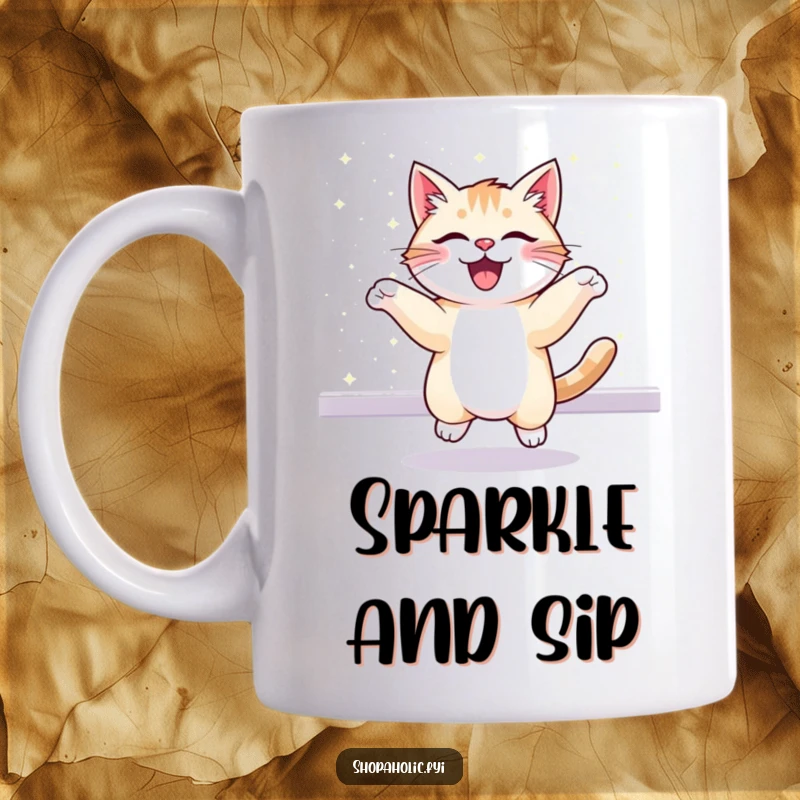 Funny mug showcasing a cheerful cat energetically bouncing in front of a dazzling, glittering display. Pure excitement.
