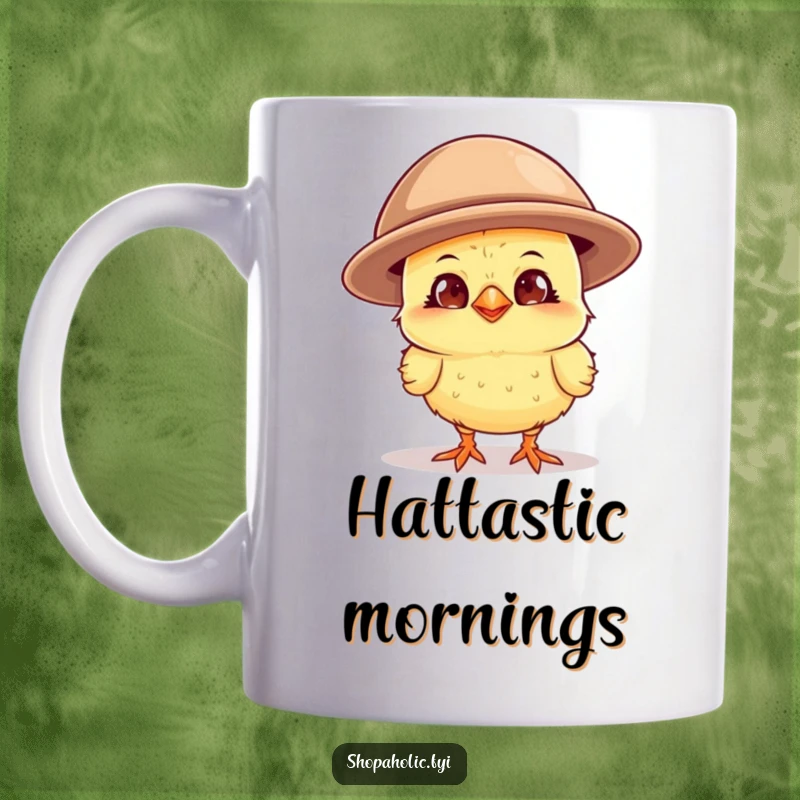 Funny curious chick with a wide grin, trying on a comically oversized hat, showcasing a love for fashion and humor.