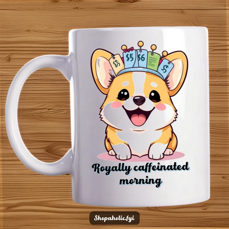 Funny Corgi Mug: A joyful corgi wears a crown constructed entirely from price tags, radiating happiness and thriftiness.