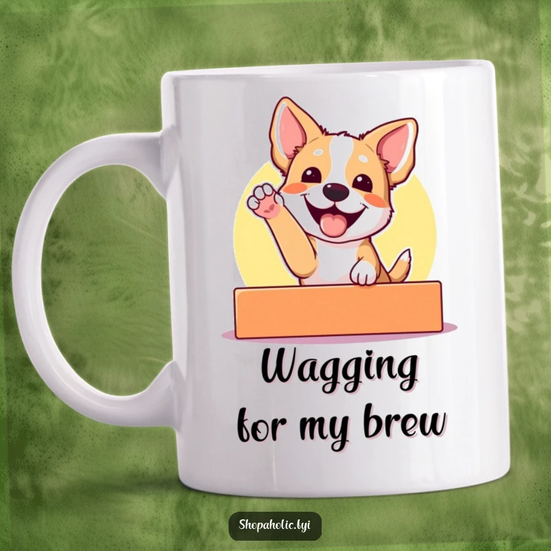Funny mug showing an excited dog gleefully reaching for a colorful display, symbolizing pure joy and the pursuit of happiness.