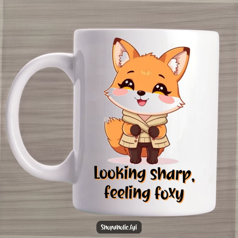 Funny Fox Mug: Charming fox looking delighted with a perfectly chosen outfit, celebrating fashion and style.