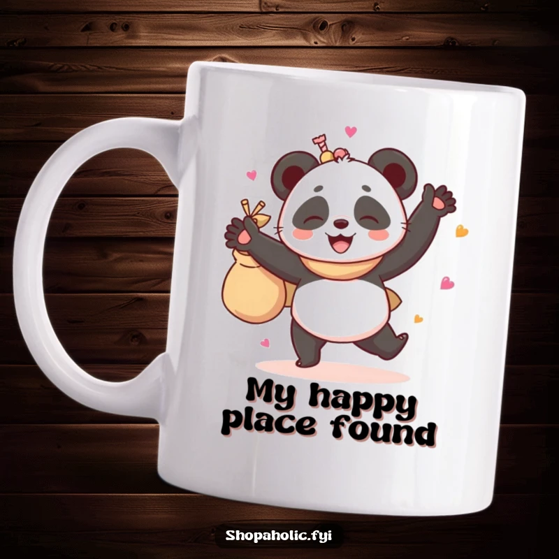 Funny mug showcasing a giggling panda enthusiastically dancing, clutching a bag bursting with delightful goodies, radiating pure, unadulterated happiness.