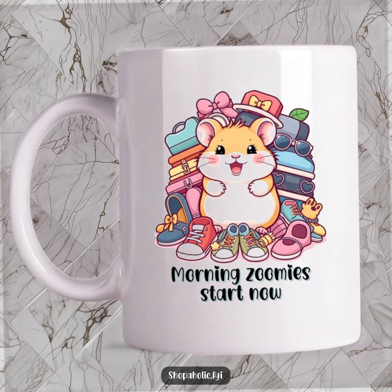 Funny Hamster Shoe Mug: A happy hamster sits amidst piles of shoes and accessories, looking delighted. Perfect for shoe addicts.