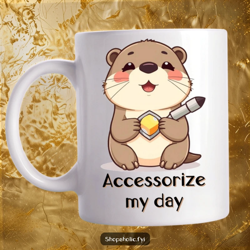 Funny Otter Mug showing a contented otter smiling while holding a shiny new accessory, radiating pure happiness and satisfaction.