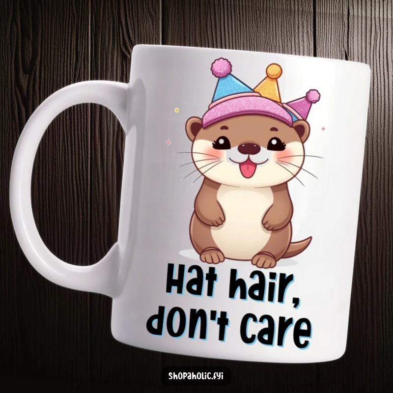 Funny Mug featuring a bubbly otter gleefully trying on several sparkly, glittering hats, embodying pure joy and fashion excitement.