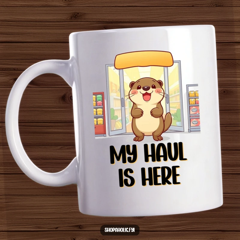 Funny otter mug, exiting a store with arms full of purchases, looking delighted, conveying shopping joy, a perfect gift.