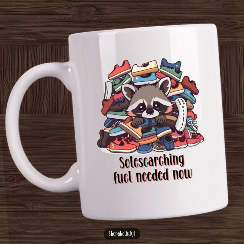 Funny Raccoon Mug: A curious, mischievous raccoon peeks from behind a massive pile of shoes, showcasing a love for footwear.