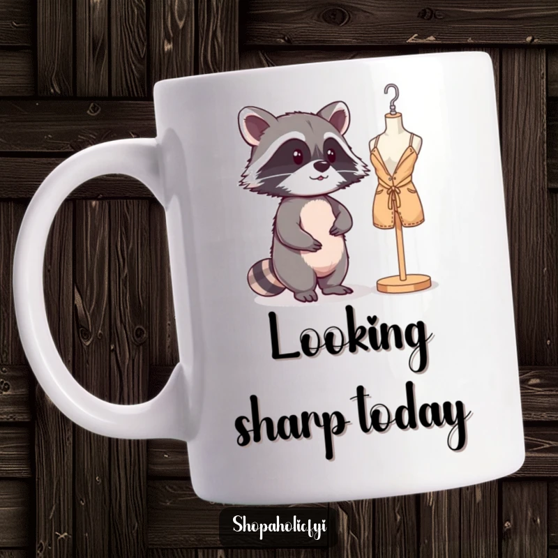 Funny Raccoon Mannequin Mug: A mischievous raccoon strikes a pose, admiring its reflection in a shop window mannequin. Vain and amusing.