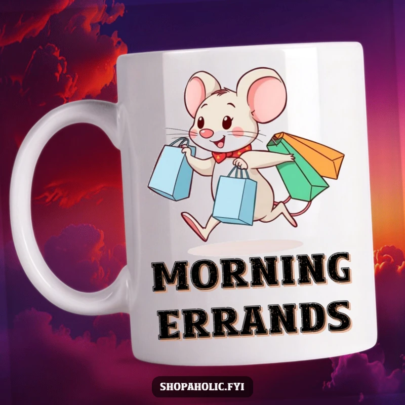 Funny mug showcasing a happy mouse skipping gleefully with three full shopping bags.