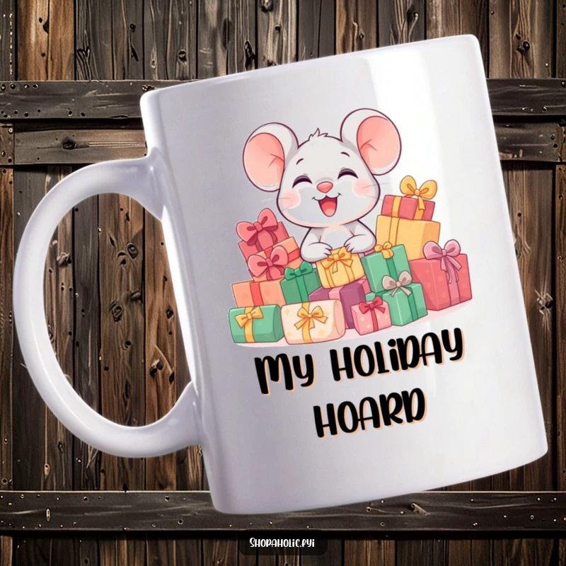 Funny mug showcasing a cute, giggling mouse absolutely delighted by a huge pile of colorful wrapped gifts, expressing pure holiday cheer.
