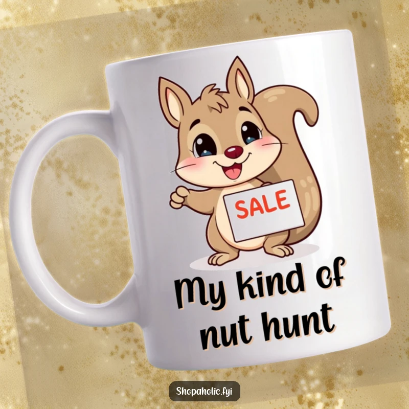 Funny squirrel mug, enthusiastically pointing at a sale sign, expressing joy and excitement for shopping deals, perfect gift.