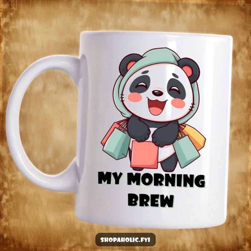 Funny panda mug with overflowing shopping bags and a cheerful grin, showcasing a delighted shopper.