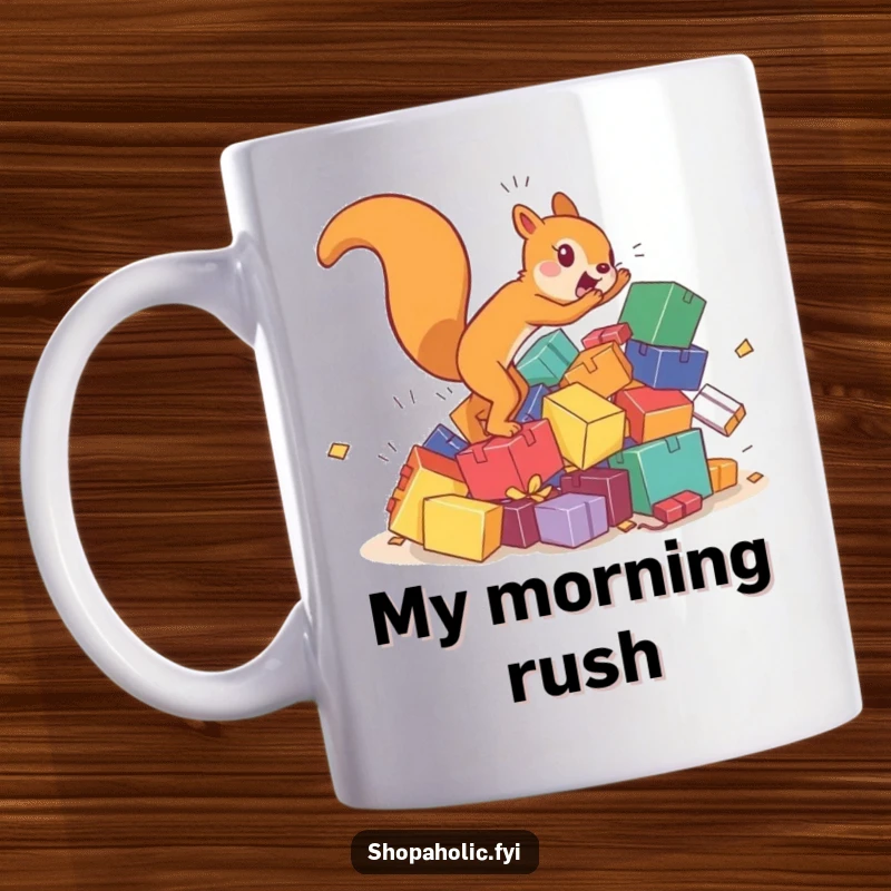 Funny squirrel mug with a hyperactive character chasing a tumbling pile of colorful boxes, depicting energetic chaos.