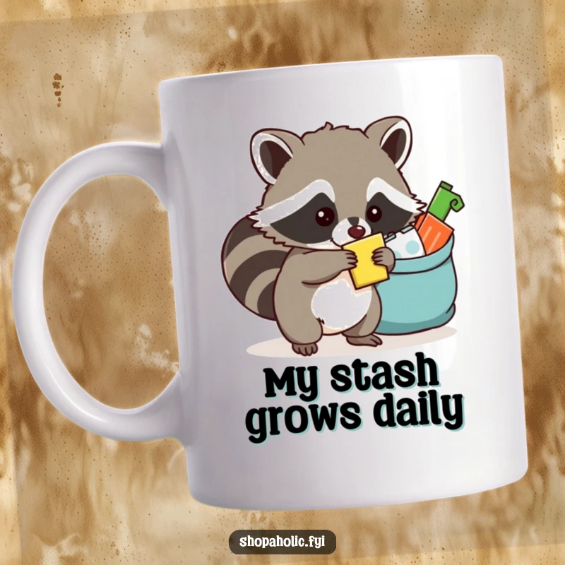 Funny raccoon mug showing a mischievous raccoon stuffing a coveted item into an overstuffed bag, illustrating cunning.