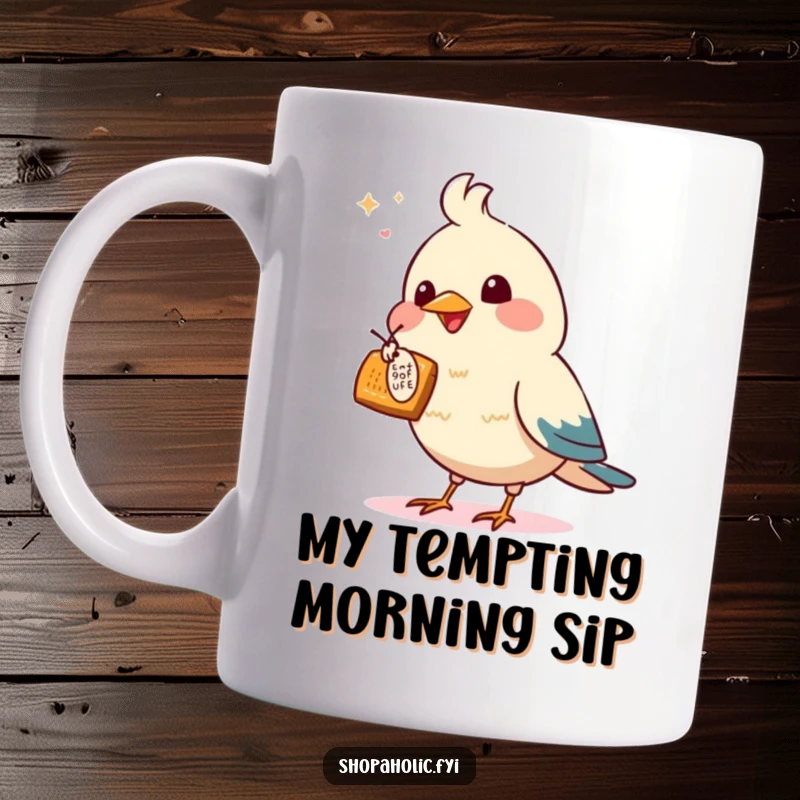 Funny mug showing an excited bird pointing its wing directly at a desirable, tempting offer.