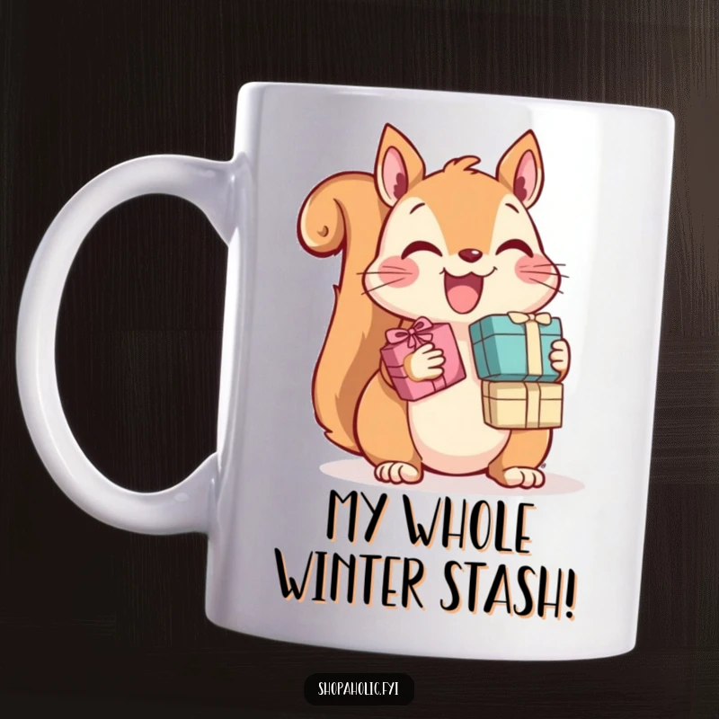 Funny Squirrel Mug: A gleeful squirrel joyfully clutches a stack of tiny gift boxes, a hilarious depiction of present obsession.