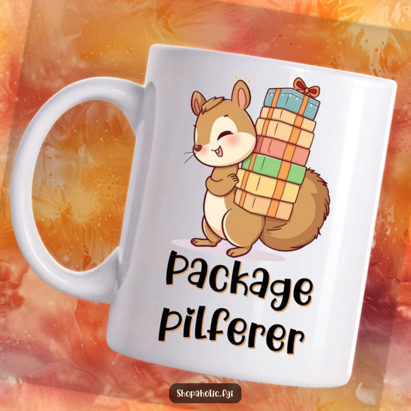 Funny mug showing a playful squirrel struggling to carry an impossibly tall stack of packages. Ambitious and humorous.