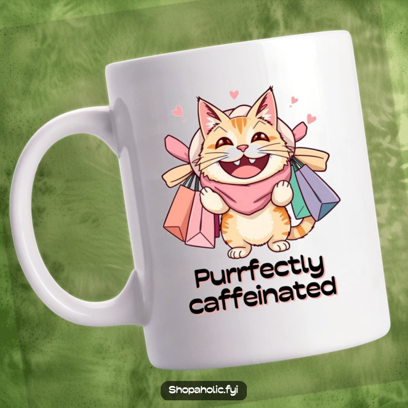 Funny mug showing a happy cat overloaded with shopping bags, grinning widely, symbolizing a love for shopping and feline indulgence.