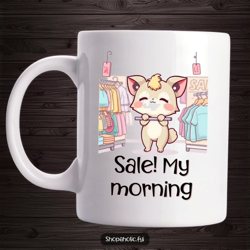 Funny mug showing a cute creature dramatically fainting onto a sale rack filled with discounted items.