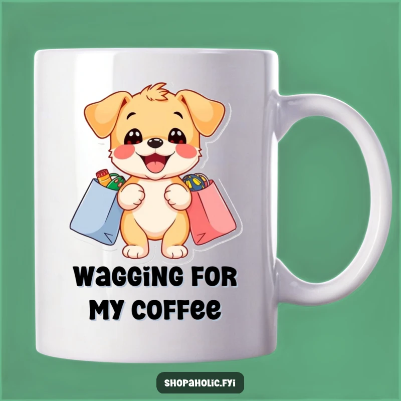 Funny Puppy Shopping Mug: Delighted Dog with Bags, Perfect Gift for Shoppers